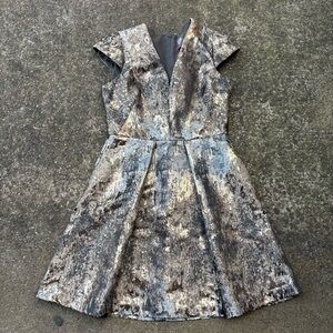 Vince Camuto metallic jacquard cocktail mini dress pleated fit and flare